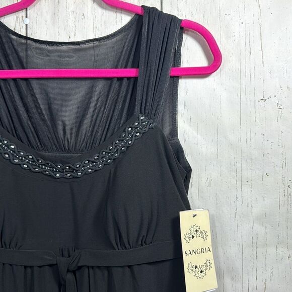 Sangria Black Sleeveless Sheer Babydoll Tie Front Embellished Stretch Midi Dress - Picture 4 of 16